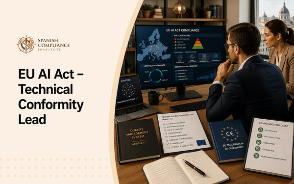 Profesionales revisan la documentación técnica y los requisitos de cumplimiento de la inteligencia artificial mientras preparan los procesos de conformidad con la Ley de IA de la Unión Europea en un moderno entorno de trabajo europeo.