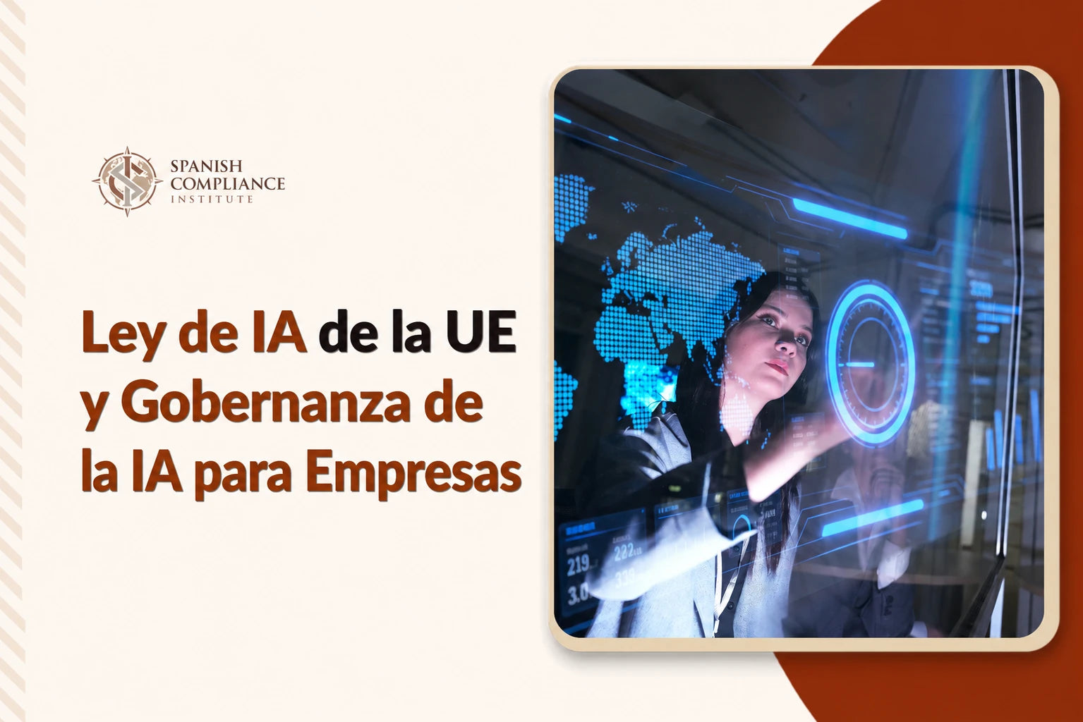 Portada del curso sobre la Ley de IA de la UE y la Gobernanza de la Inteligencia Artificial para Empresas, con un profesional de negocios utilizando un ordenador portátil junto a iconos de cumplimiento de la IA, gestión de riesgos, gobernanza y responsabilidad.