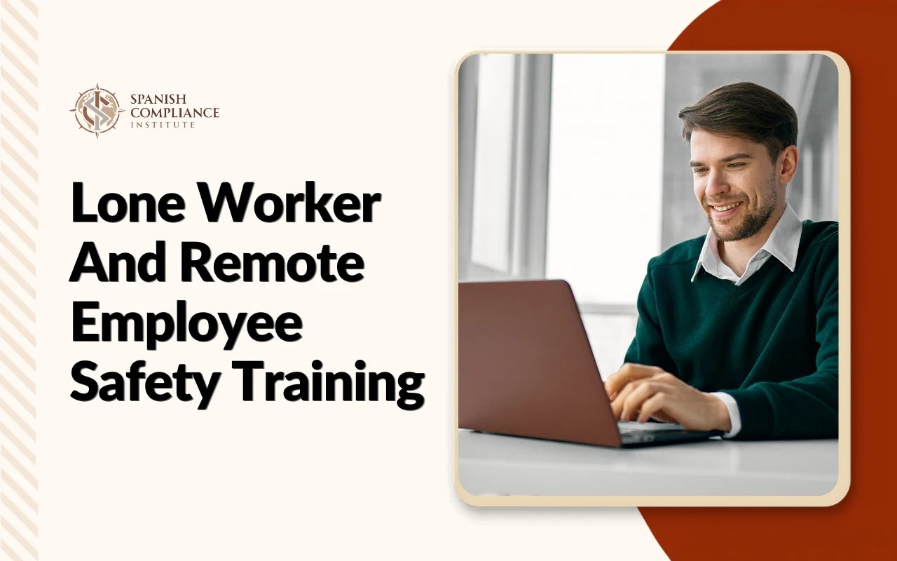 Course banner for Lone Worker And Remote Employee Safety Training, featuring a female remote employee working on a computer in a bright, modern home office setting.