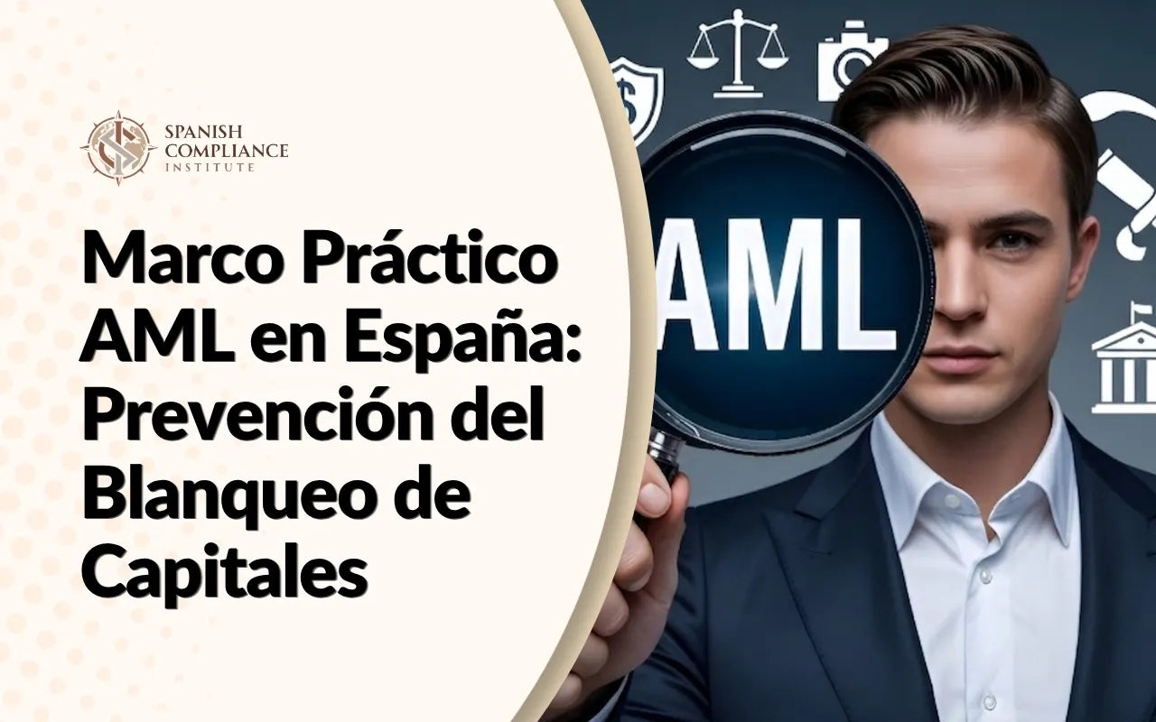 Un profesional de traje sosteniendo una lupa sobre las siglas AML, representando el curso Marco Práctico AML en España: Prevención del Blanqueo de Capitales de Spanish Compliance Institute.