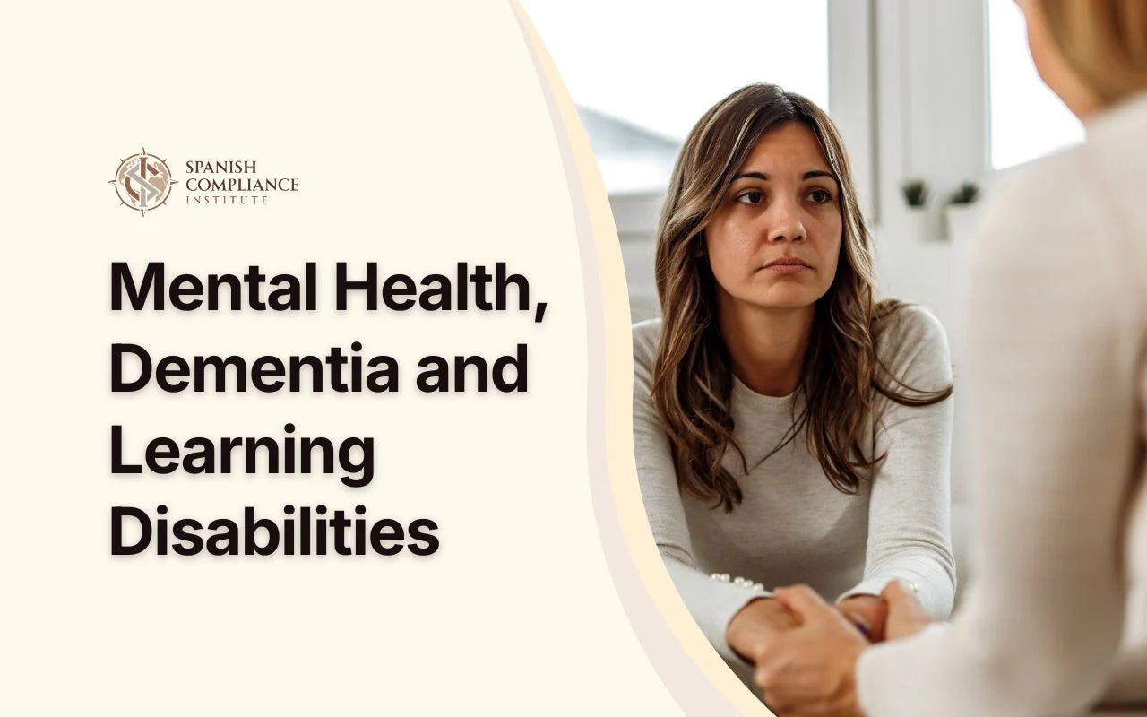 Mental Health, Dementia and Learning Disabilities course cover with a patient and healthcare professional in consultation.
