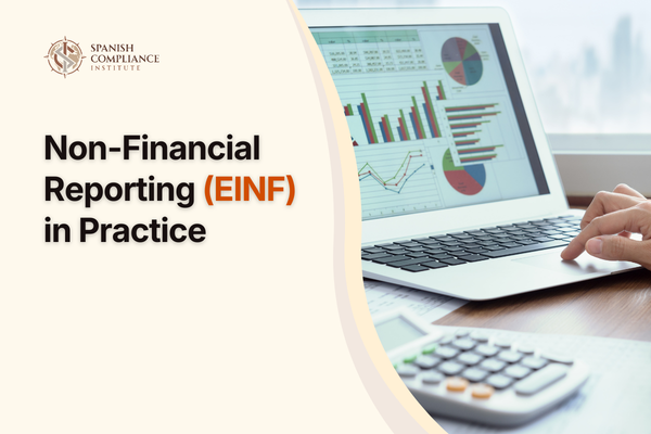 Non-Financial Reporting (EINF) in Practice course cover featuring a laptop with financial charts, a calculator, and a hand reviewing data.