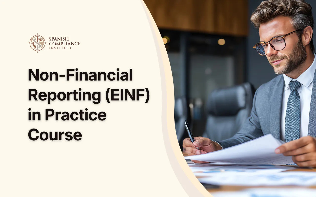 Non-Financial Reporting (EINF) in Practice Course cover featuring a professional corporate reporting concept, with business documentation imagery representing ESG disclosures, sustainability reporting, regulatory compliance, and practical EINF reporting processes.