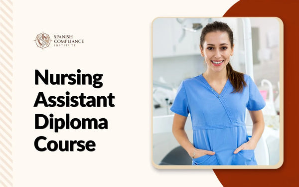 Nursing Assistant Diploma Course banner featuring a smiling nursing assistant in blue medical scrubs standing in a modern healthcare clinic.
