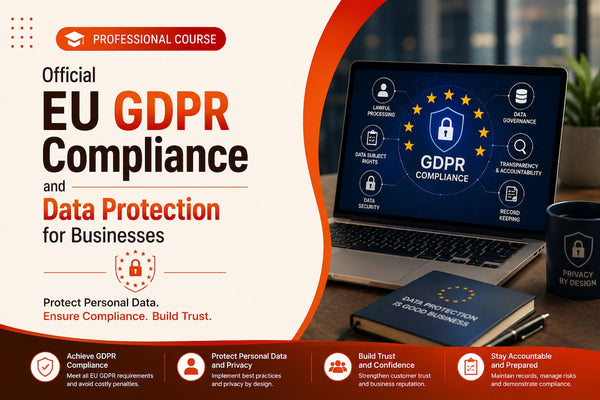 GDPR compliance and data protection course banner featuring a laptop with GDPR compliance visuals, data governance, transparency, accountability, and cybersecurity concepts for businesses in Europe.