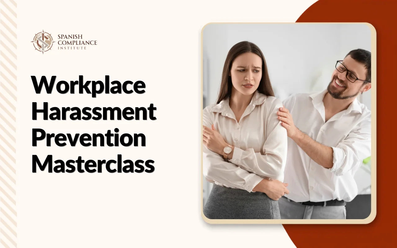 Graphic banner featuring a concerned female employee and a smiling male colleague touching her arm, alongside text for the Workplace Harassment Prevention Masterclass.