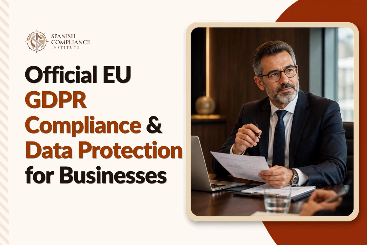 Official EU GDPR Compliance and Data Protection for Businesses course cover featuring a business professional reviewing documents in an office meeting