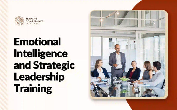 Emotional Intelligence and Strategic Leadership Training course cover showing a manager standing and leading a corporate team meeting.
