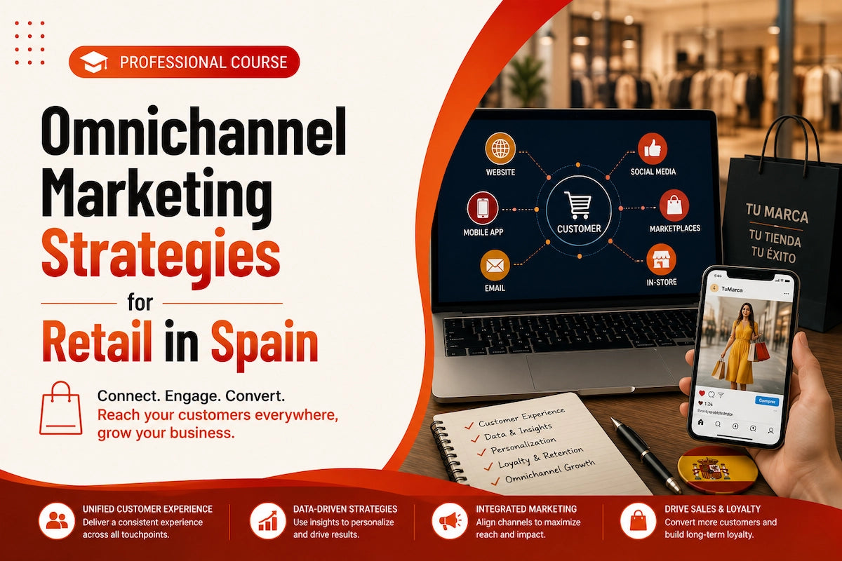 Retail marketing strategy course banner showing omnichannel customer engagement through social media, mobile apps, email, marketplaces, and in-store experiences with retail branding visuals.
