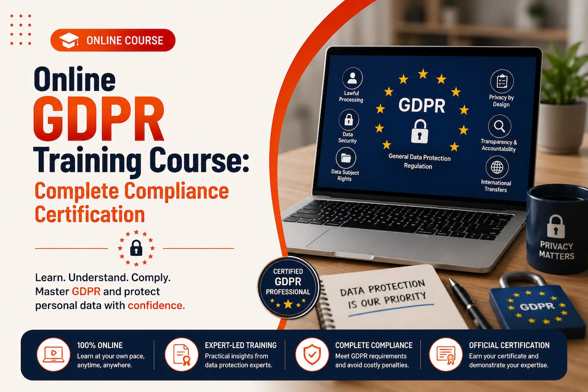 Online GDPR certification course banner featuring a laptop with GDPR compliance visuals, privacy by design concepts, data protection elements, and official compliance certification branding.