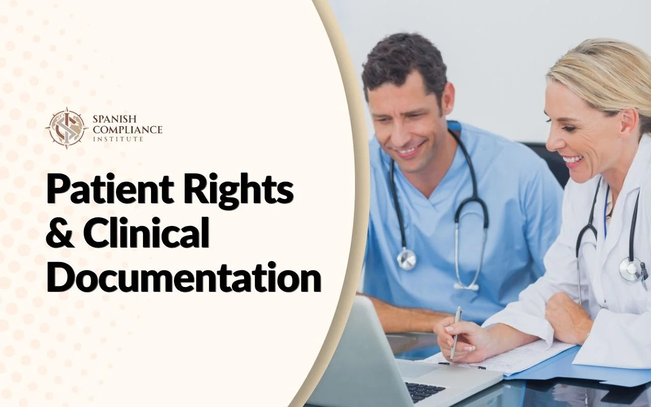 Course graphic for Patient Rights & Clinical Documentation showing a male nurse and female doctor looking at a laptop.
