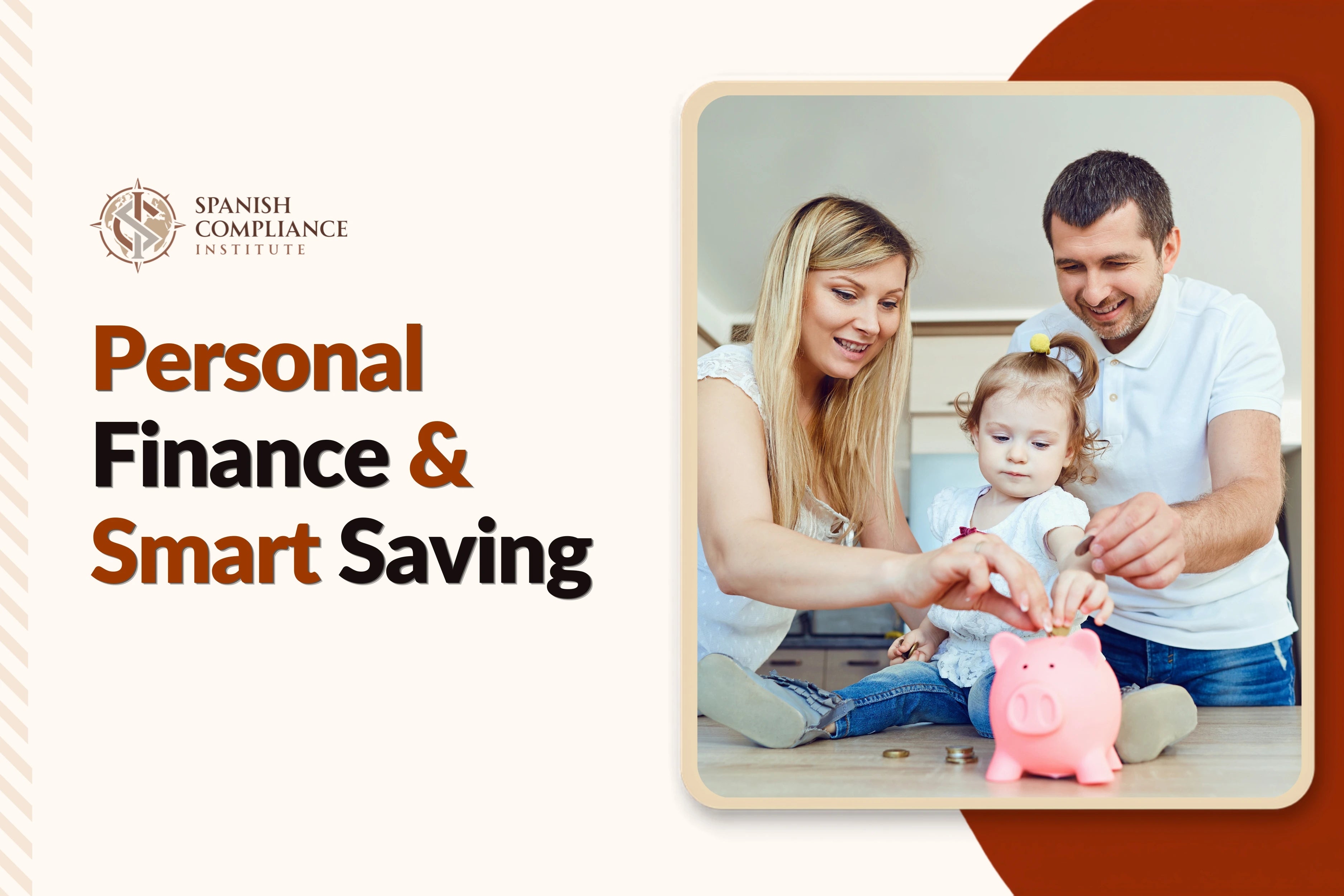 Personal Finance & Smart Saving course cover featuring a savings jar, financial goals checklist, calculator, and budget notebook.