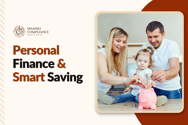 Personal Finance & Smart Saving course cover featuring a savings jar, financial goals checklist, calculator, and budget notebook.