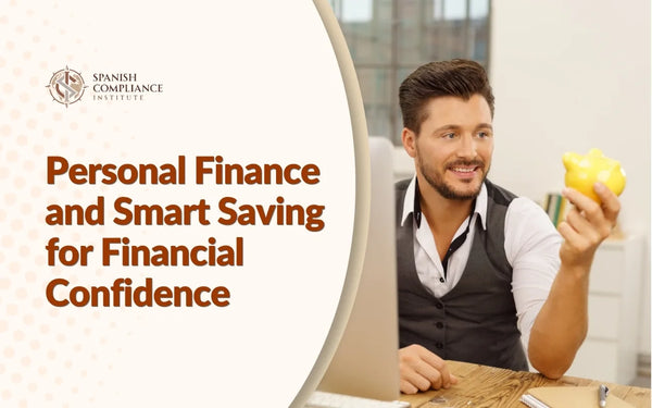 Personal finance and smart saving concept featuring a professional with a piggy bank, highlighting budgeting, money management, financial planning, and long-term financial confidence.