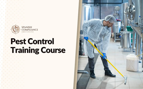 Pest Control Training Course cover showing a worker cleaning an industrial food processing environment.