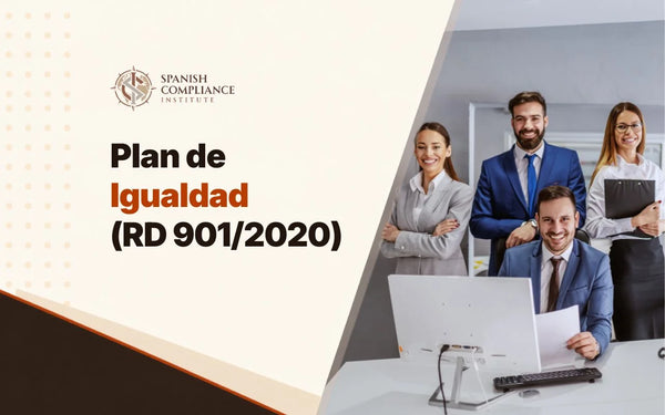 Gráfico del curso Plan de Igualdad (RD 901/2020) con un equipo de trabajo diverso en la oficina.