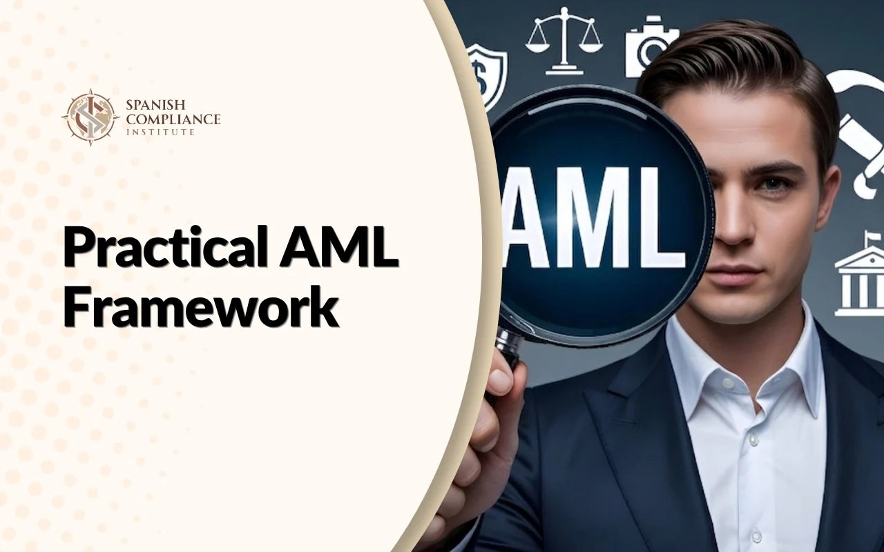 A professional man in a suit holding a magnifying glass over the acronym AML, representing the Practical AML Framework course by the Spanish Compliance Institute.