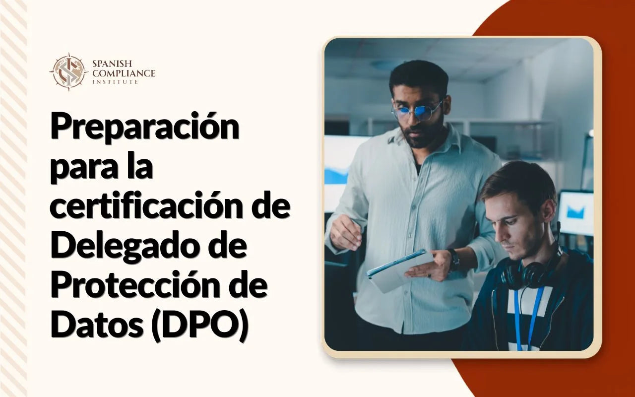 Gráfico del curso Preparación para la certificación de Delegado de Protección de Datos (DPO) con dos profesionales de seguridad de la información.