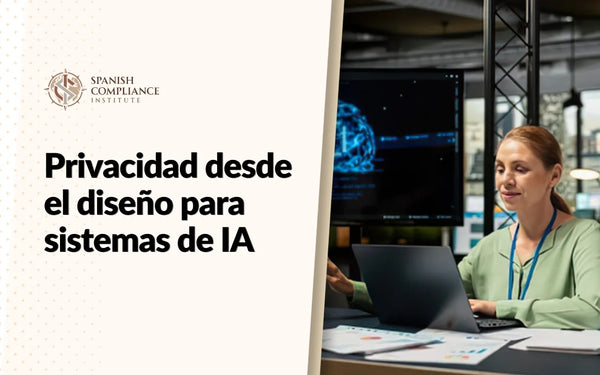 Imagen del curso Privacy by Design for AI Systems con una profesional analizando datos tecnológicos en su ordenador junto a un gráfico digital de IA.