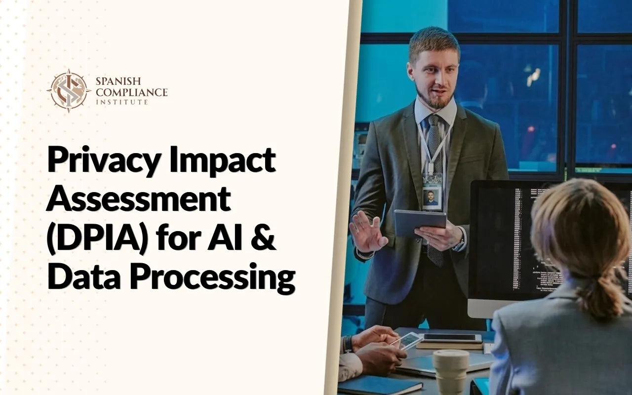 Privacy Impact Assessment (DPIA) for AI & Data Processing course graphic showing an IT professional leading a meeting.