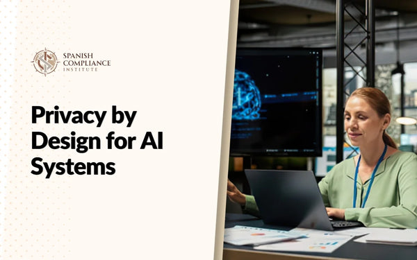 Privacy by Design for AI Systems course banner showing a woman working on a computer near an artificial intelligence graphic screen.