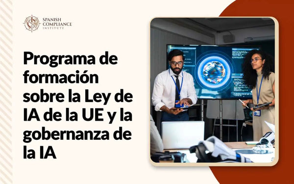 Portada del curso Programa de formación sobre la Ley de IA de la UE y la gobernanza de la IA con profesionales de tecnología liderando una presentación.
