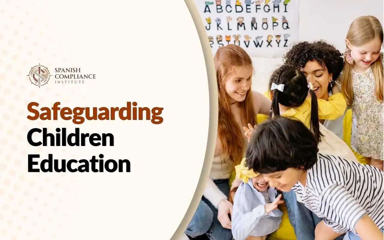 Safeguarding Children Education course cover with children and teacher in a classroom.