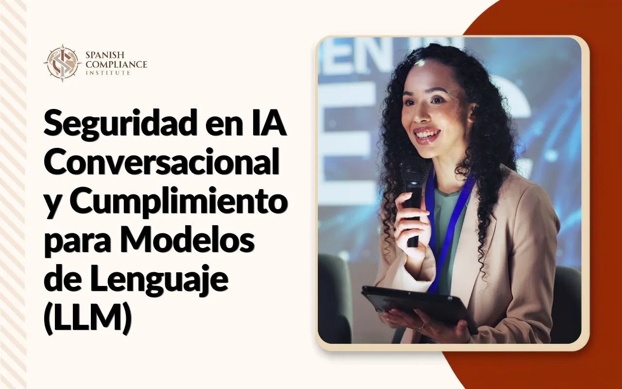 Un gráfico digital abstracto de múltiples capas con patrones geométricos brillantes en cian y blanco, representando el curso Seguridad en IA Conversacional y Cumplimiento para Modelos de Lenguaje (LLM) de Spanish Compliance Institute.