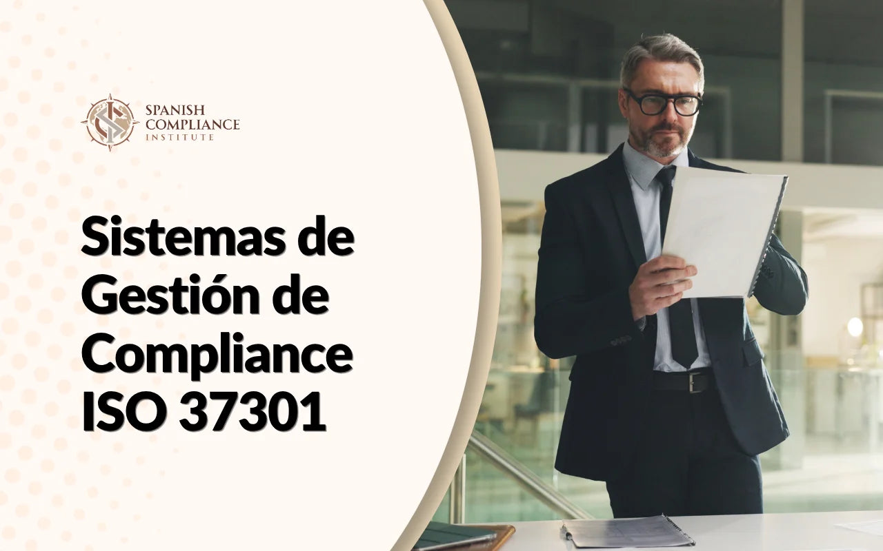 Ejecutivo corporativo revisando un informe de cumplimiento junto al título del curso Sistemas de Gestión de Compliance ISO 37301.