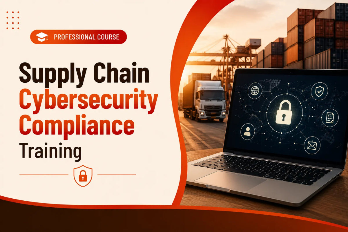 Professional supply chain cybersecurity compliance training banner featuring a laptop displaying cybersecurity protection and secure network concepts alongside shipping containers, logistics operations, and supply chain risk management visuals.