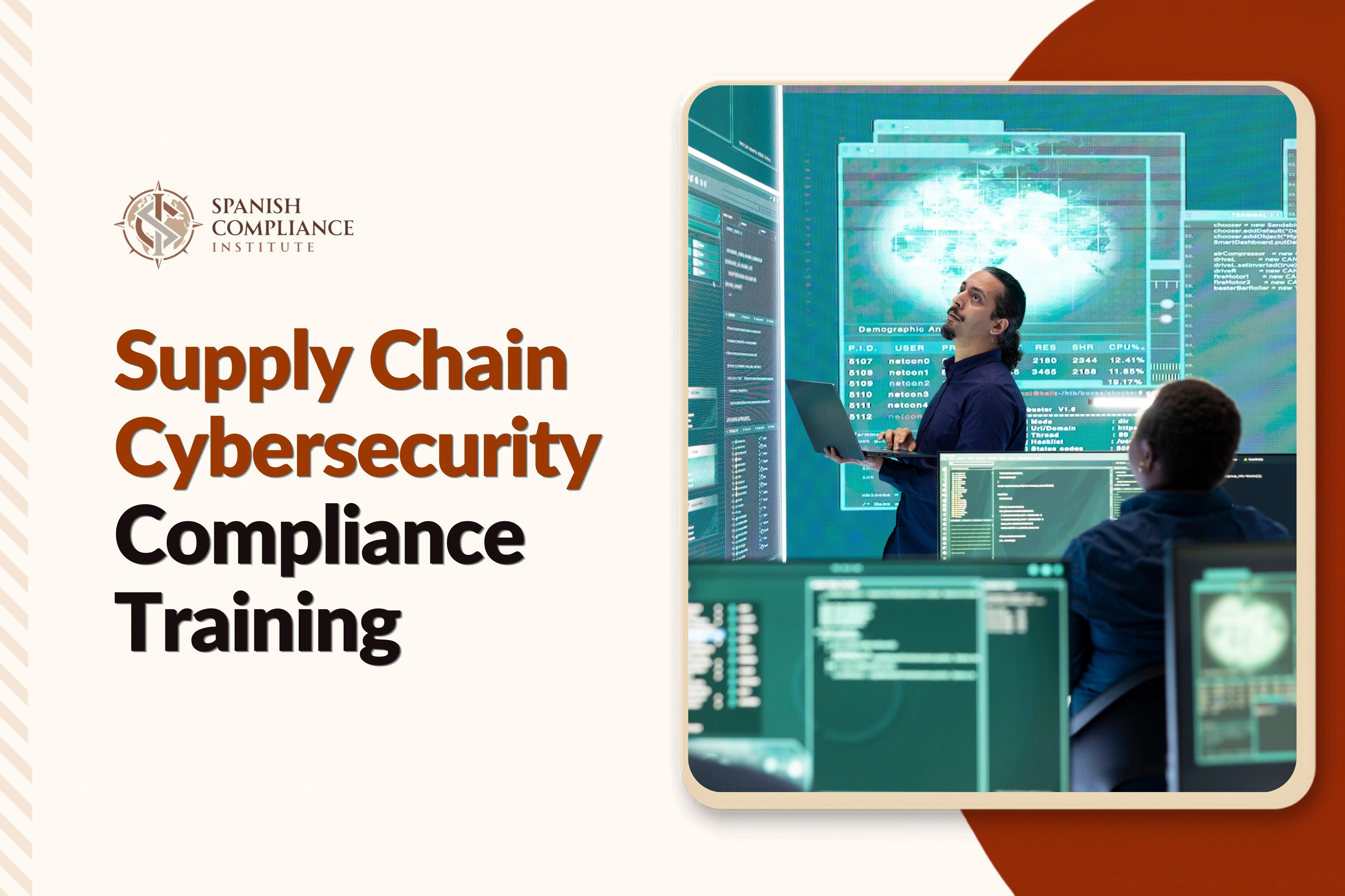 Supply Chain Cybersecurity Compliance Training course cover featuring a cybersecurity trainer presenting supply chain security risks to a business team.