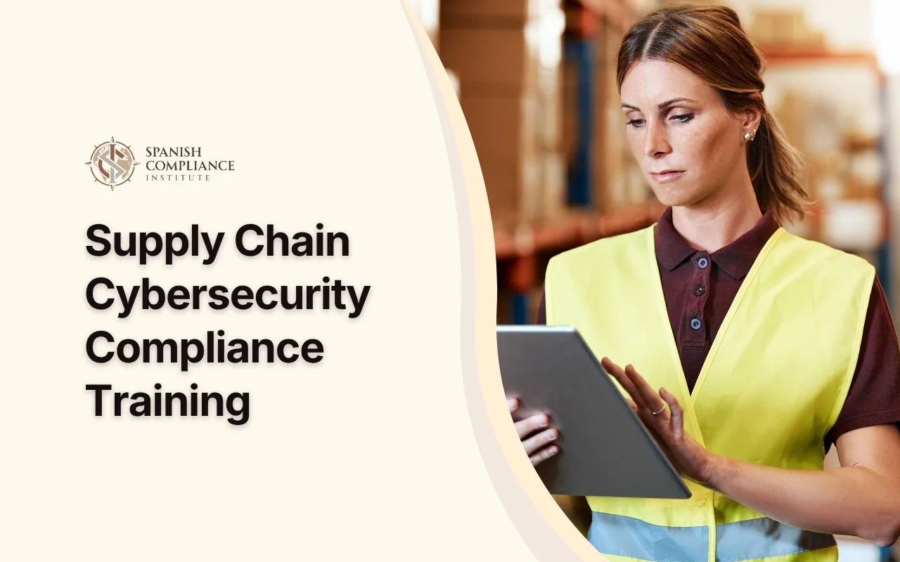 Course banner for Supply Chain Cybersecurity Compliance Training, showing a focused female warehouse worker managing inventory data on a tablet.
