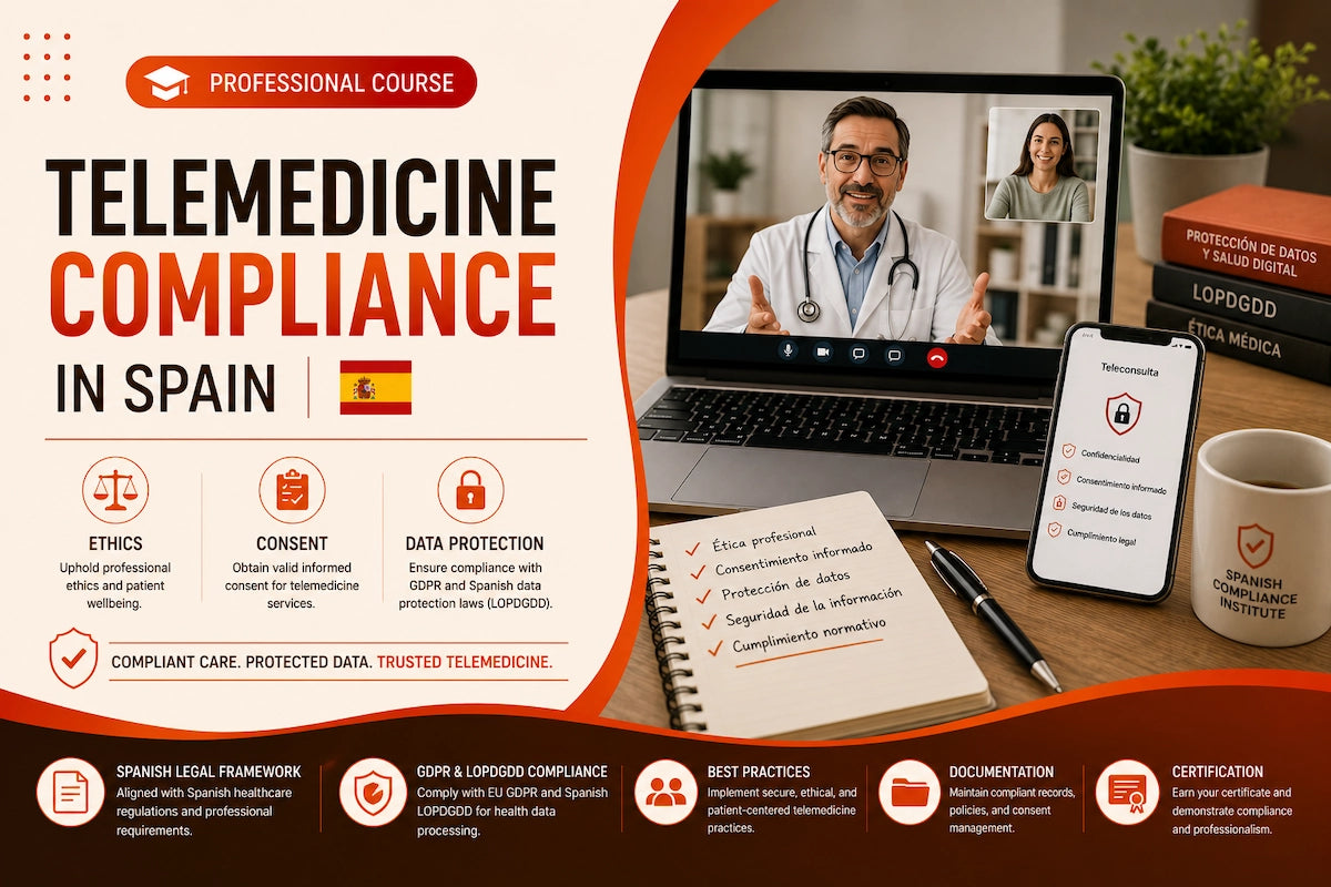 Telemedicine compliance course banner showing a doctor conducting an online consultation with healthcare privacy, informed consent, GDPR compliance, and Spanish healthcare data protection concepts.