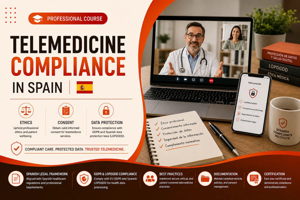 Telemedicine compliance course banner showing a doctor conducting an online consultation with healthcare privacy, informed consent, GDPR compliance, and Spanish healthcare data protection concepts.