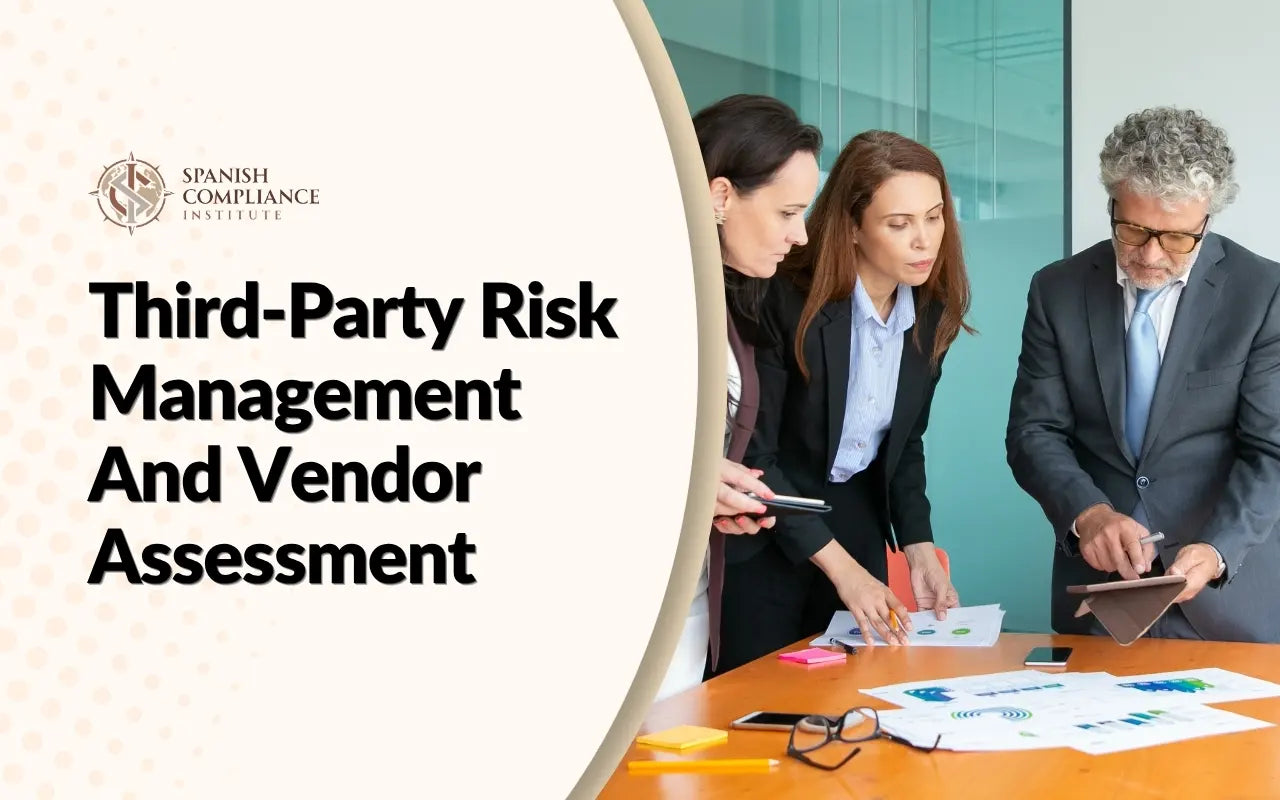 Corporate professionals reviewing data analytics on a tablet to evaluate business partners, representing the Third-Party Risk Management And Vendor Assessment course by the Spanish Compliance Institute.
