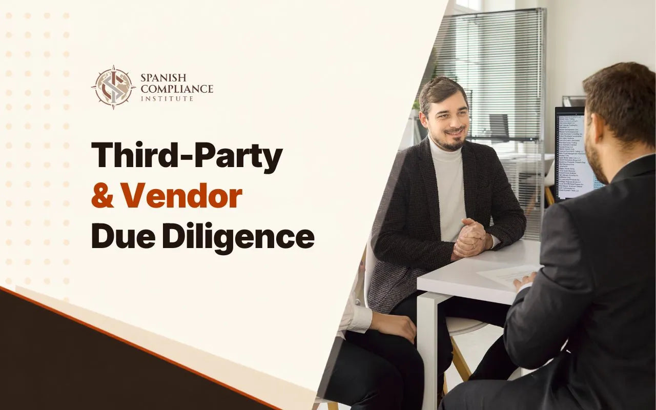 Course graphic for Third-Party & Vendor Due Diligence showing two executives discussing vendor agreement paperwork at a desk.