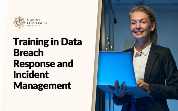 Training in Data Breach Response and Incident Management course graphic showing an IT professional with a laptop.