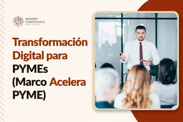 Portada del curso "Transformación Digital para PYMES (Marco Acelera PYME)", con un ponente empresarial dirigiéndose a una audiencia en un entorno de oficina moderno.