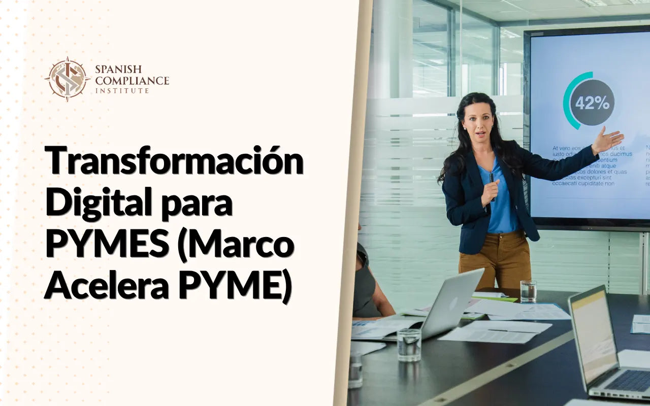 Mujer en una reunión de negocios presentando un gráfico sobre "Transformación Digital para PYMES (Marco Acelera PYME)" para el Spanish Compliance Institute.