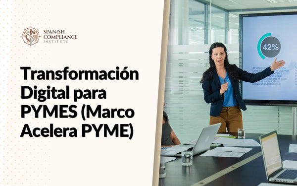 Mujer en una reunión de negocios presentando un gráfico sobre "Transformación Digital para PYMES (Marco Acelera PYME)" para el Spanish Compliance Institute.
