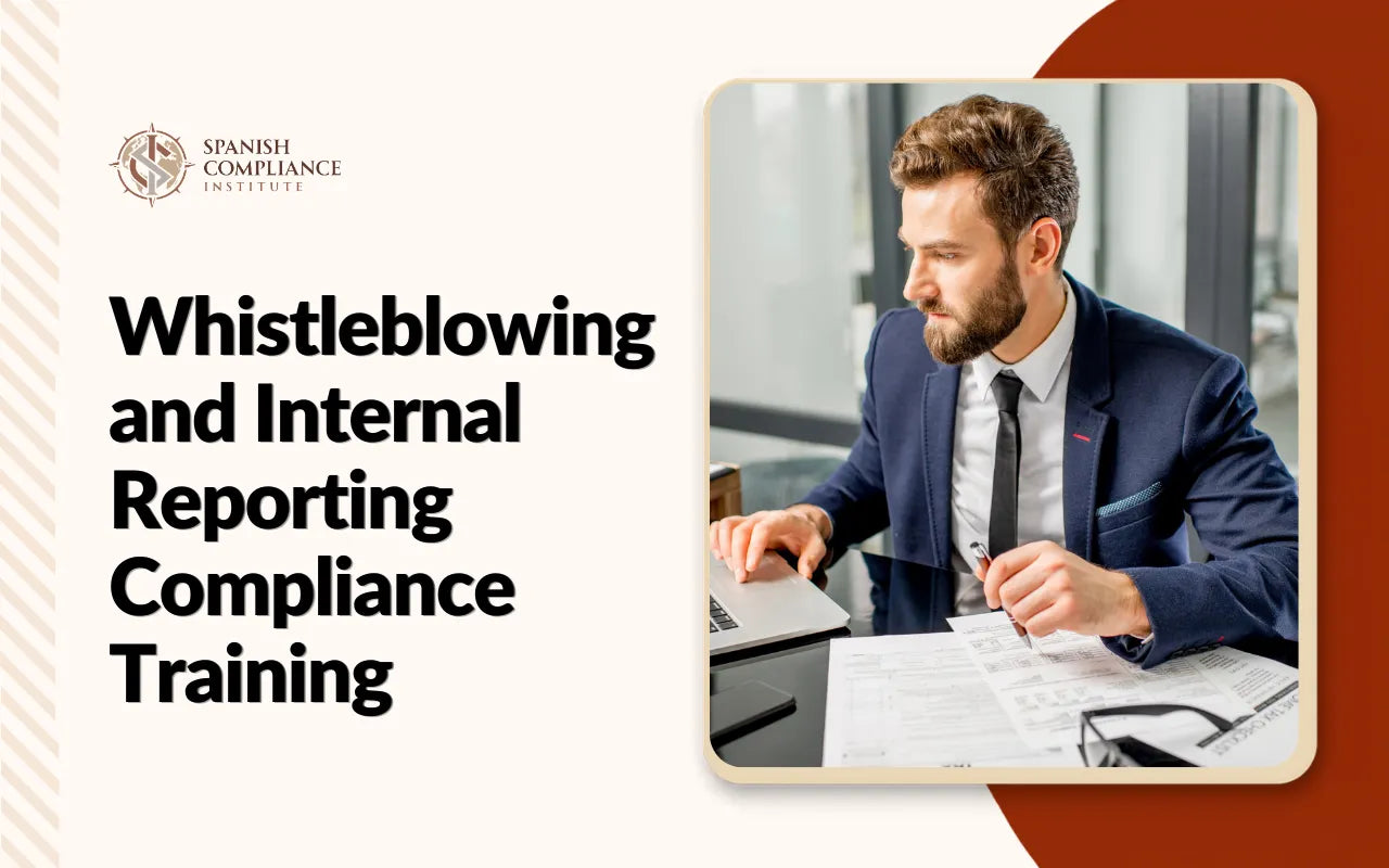Man working on laptop for Whistleblowing and Internal Reporting Compliance Training banner.