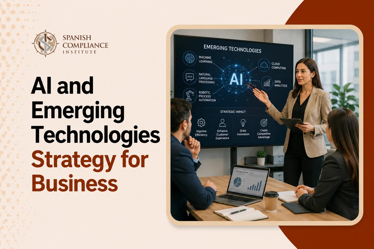 AI and Emerging Technologies Strategy for Business course cover featuring a presenter discussing AI, machine learning, cloud computing, and data analytics with a business team.