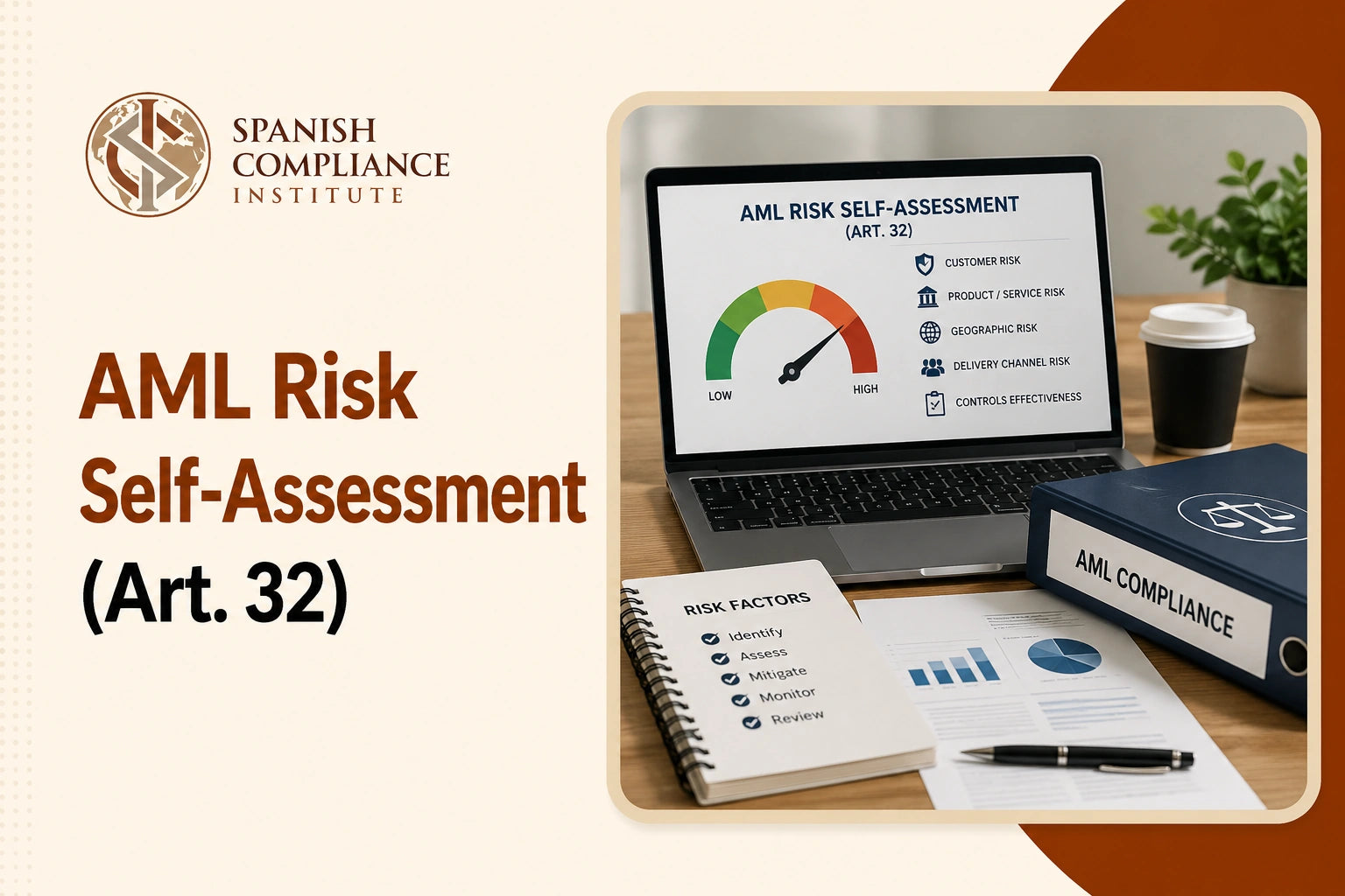 AML Risk Self-Assessment (Art. 32) course cover featuring a laptop risk dashboard, AML compliance binder, risk factors notebook, and financial reports.