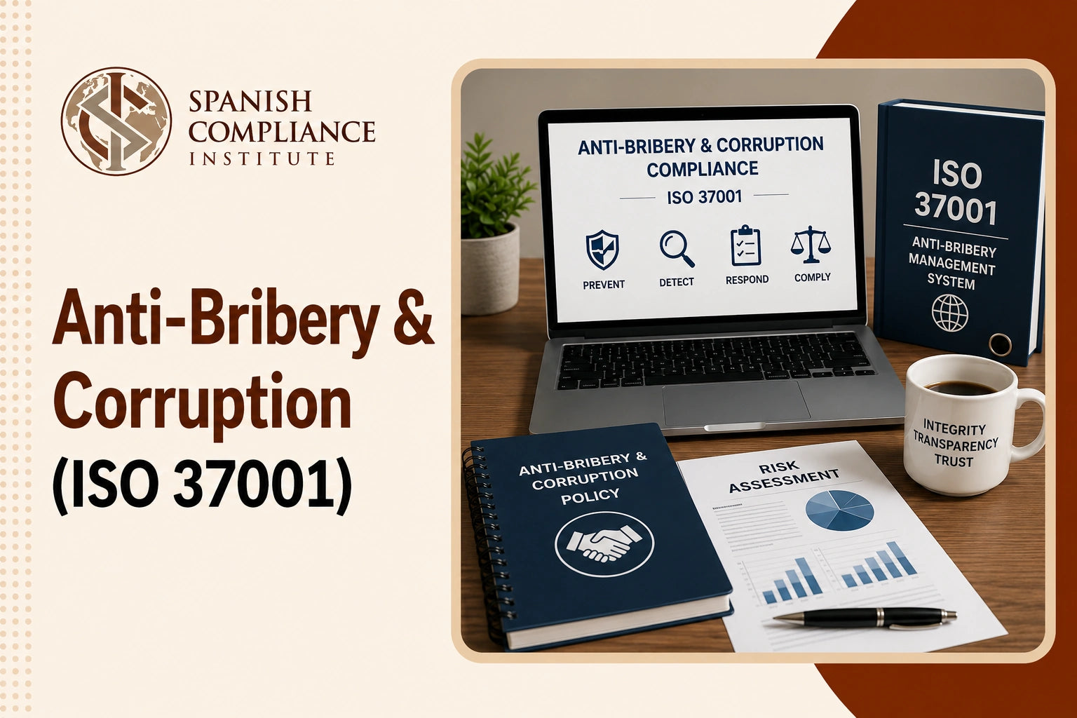 Anti-Bribery & Corruption (ISO 37001) course cover featuring a laptop compliance dashboard, ISO 37001 binder, anti-bribery policy, and risk assessment documents.