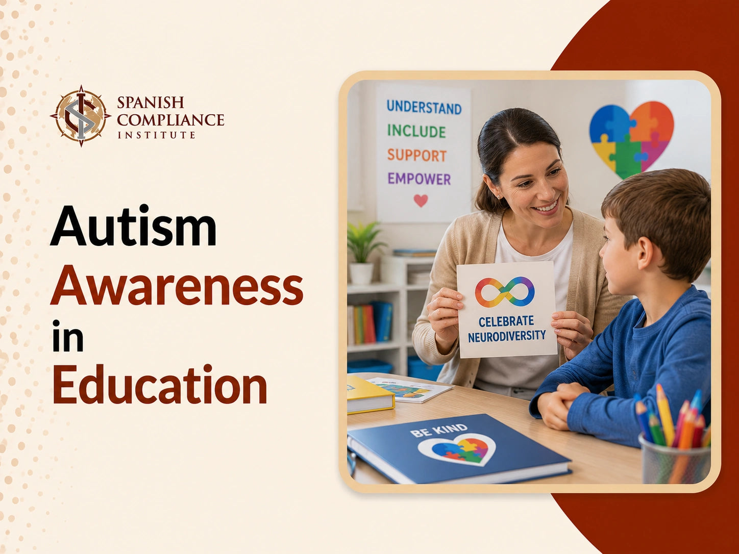 Autism Awareness in Education course cover featuring a teacher supporting a student with neurodiversity learning materials in a classroom.