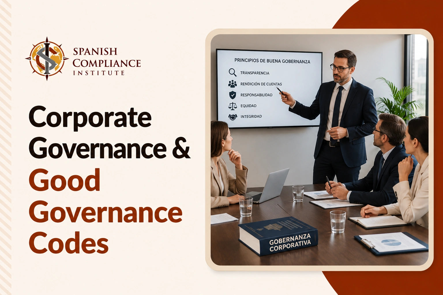 Corporate Governance & Good Governance Codes course cover featuring a business leader presenting governance principles to a team in a boardroom.