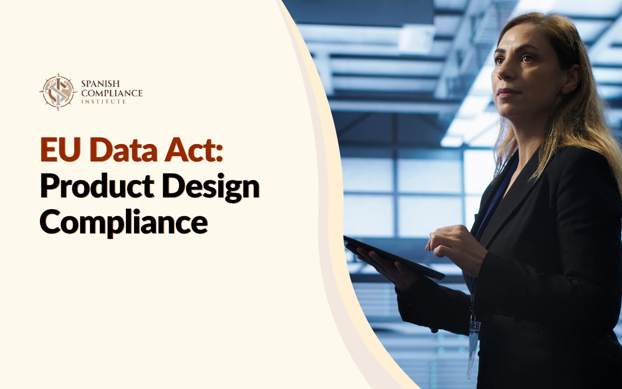 EU Data Act: Product Design Compliance course cover featuring a professional woman using a tablet in a modern office.