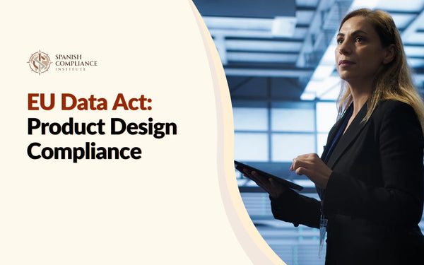 EU Data Act: Product Design Compliance course cover featuring a professional woman using a tablet in a modern office.