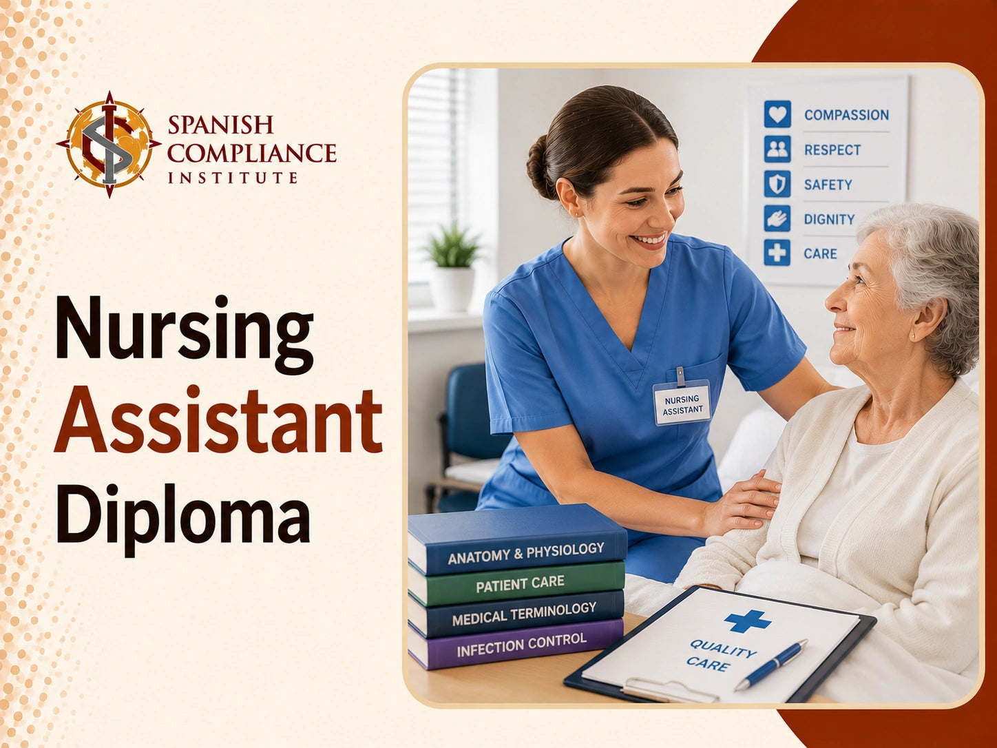Nursing Assistant Diploma course cover featuring a nursing assistant providing compassionate care to an older woman, with patient care and clinical training materials.