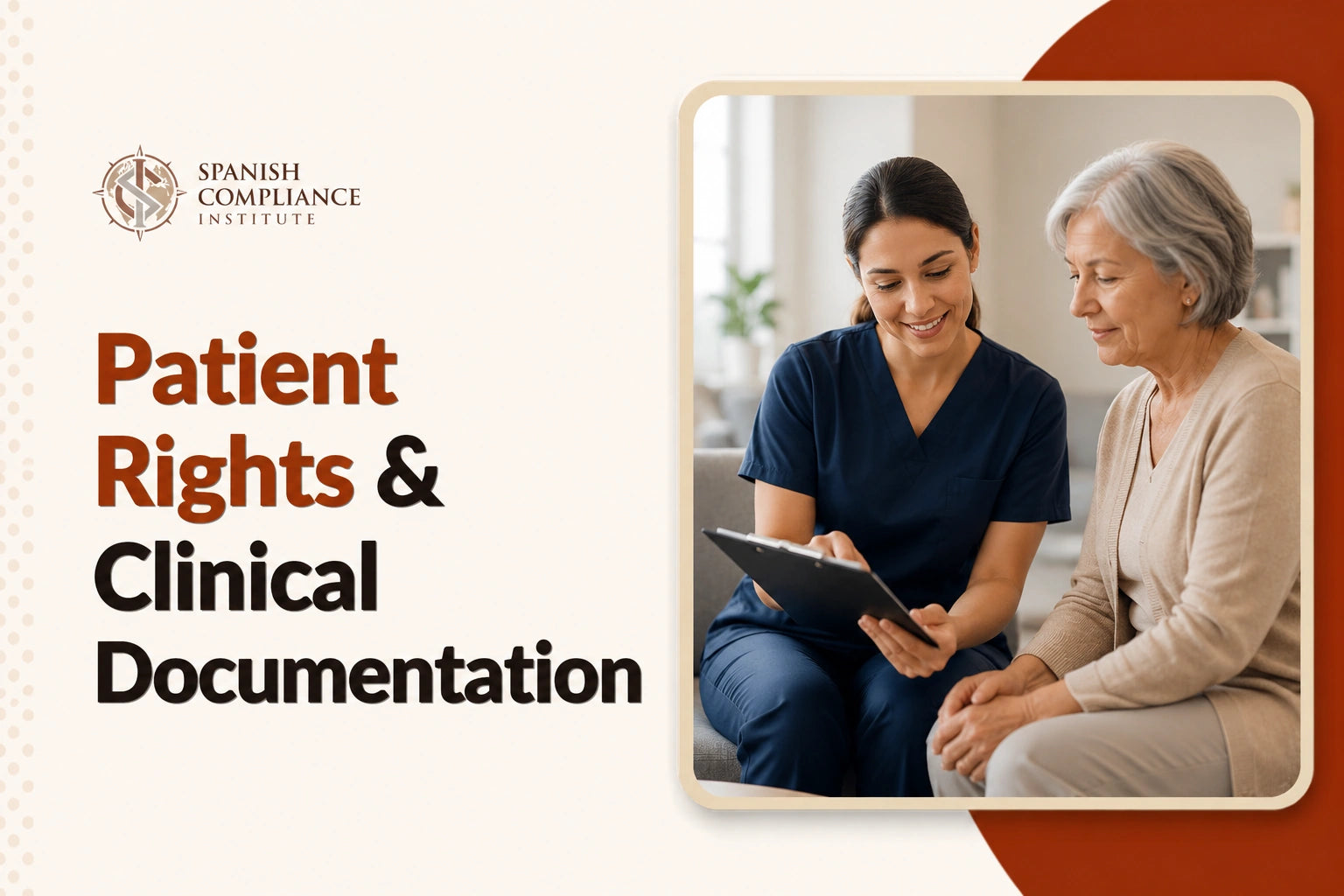 Patient Rights & Clinical Documentation course cover featuring a nurse reviewing a clipboard with an older patient.